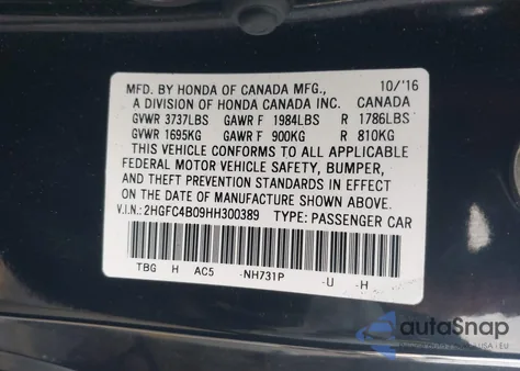 2017 Honda Civic Lx-P from USA, damaged, VIN 2HGFC4B09HH300389